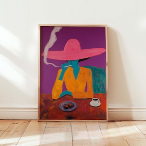 May include: A painting of a person wearing a pink hat and a yellow jacket, sitting at a table with a cup of coffee and a plate of chocolate squares. The background is purple.