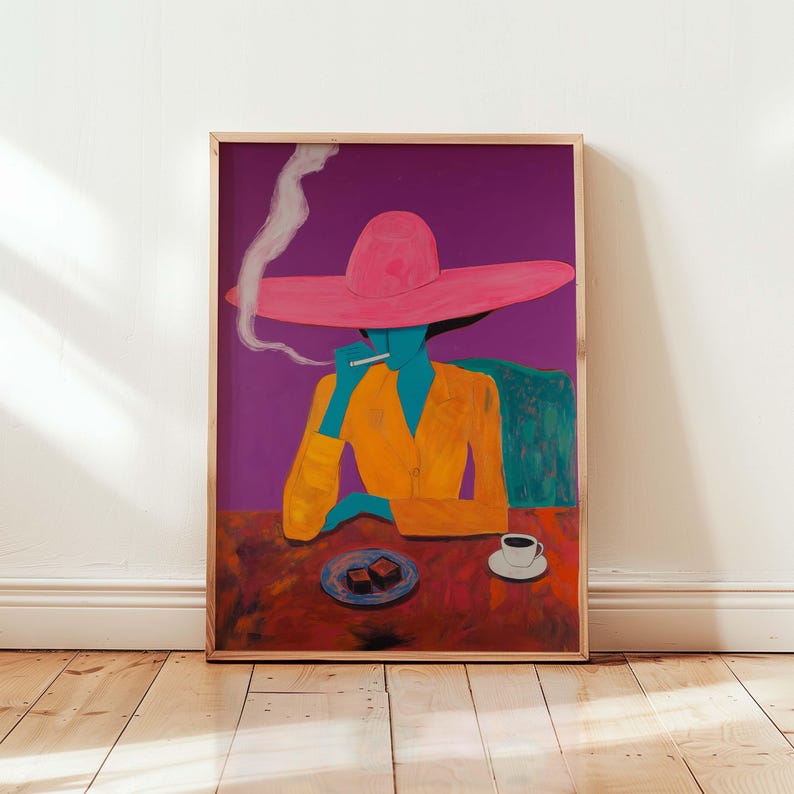 May include: A painting of a person wearing a pink hat and a yellow jacket, sitting at a table with a cup of coffee and a plate of chocolate squares. The background is purple.