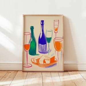Vibrant Wine and Cheese Art Print Matisse Maximalist Kitchen Wall Decor Colorful Eclectic Dining Room Poster Modern Food and Drink Artwork