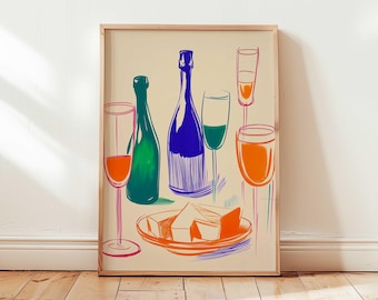 Vibrant Wine and Cheese Art Print Matisse Maximalist Kitchen Wall Decor Colorful Eclectic Dining Room Poster Modern Food and Drink Artwork