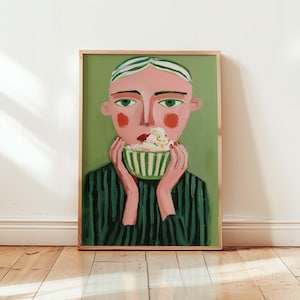 Bold Ice Cream Girl Print | Whimsical Face Wall Art | Aesthetic Green Portrait | Funky Feminine Decor | Maximalist Illustration Poster