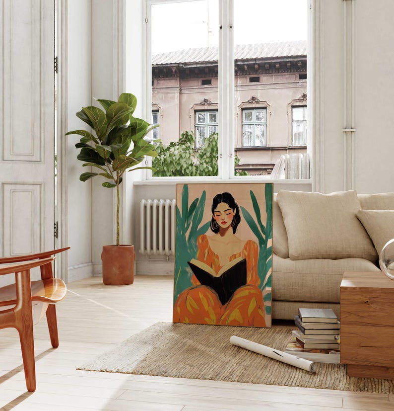 Woman Reading Art Book Lover Wall Art Abstract People Print Reading Nook Decor Cozy Literary Art Eclectic Feminine Prints Modern Boho Art image 3