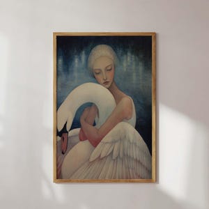 Feminine Energy Art Graceful Ballerina & Swan Embrace Fine Art Print Ballet Wall Decor Romantic Feminine Portrait Mid Century Modern Art