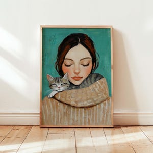 Girl and Cat Hug Print | Cozy Pet Lover Wall Art | Whimsical Feminine Portrait | Teal Bedroom Decor | Cat Mom Gift |Modern Animal Art Poster