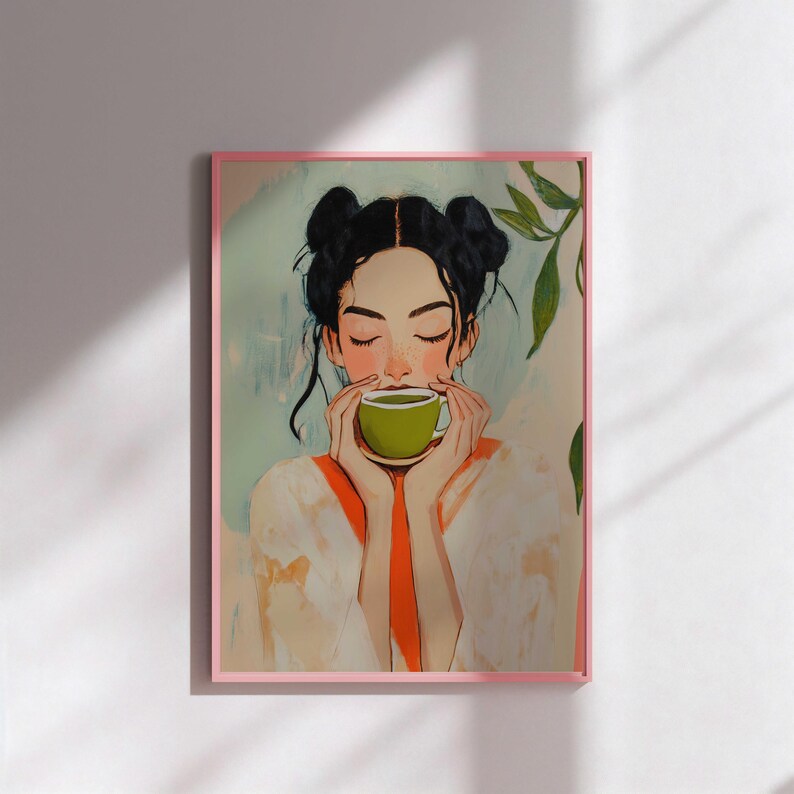 Arte de pared con una chica que bebe matcha, impresión de matcha latte, póster para amantes del matcha, cafetería japonesa, decoración de carrito de bar, arte de pared de cocina, arte de bebida retro imagen 5