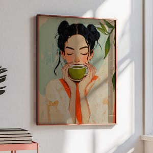 Arte de pared con una chica que bebe matcha, impresión de matcha latte, póster para amantes del matcha, cafetería japonesa, decoración de carrito de bar, arte de pared de cocina, arte de bebida retro imagen 1