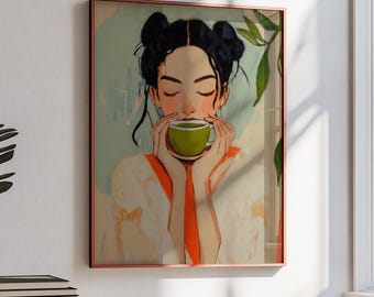 女の子が抹茶を飲むウォールアート 抹茶ラテプリント 抹茶愛好家ポスター 日本のカフェ 美的 バーカート装飾 キッチンウォールアート レトロドリンクアート