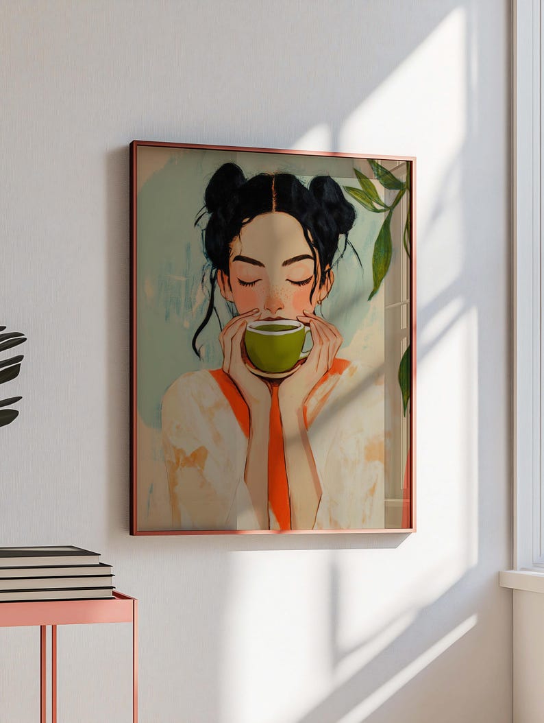 Arte de pared con una chica que bebe matcha, impresión de matcha latte, póster para amantes del matcha, cafetería japonesa, decoración de carrito de bar, arte de pared de cocina, arte de bebida retro imagen 1