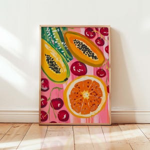 Tropische Früchte drucken | Bunte Papaya und Zitrus Kunst Moderne Küche Dekor | Matisse-inspirierte Lebensmittel Malerei | Lebendiges Sommer Kunstwerk