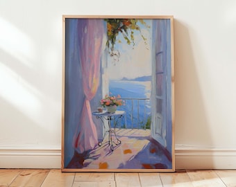 May include: A painting depicting a balcony with a pink curtain, a small table with a vase of flowers, and a view of the sea.