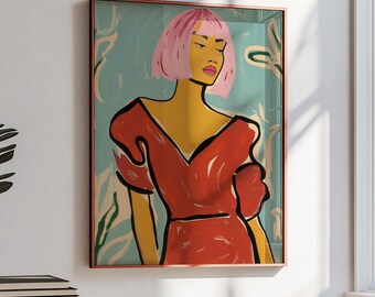Bold Feminine Pop Art Portrait | Pink Hair Fashion Illustration | Modern Maximalist Wall Art for Vibrant Home Decor Modern Colorful Art