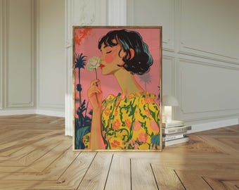Whimsical Floral Art Print | Colorful Modern Wall Art | Girl Smelling Flower Print | Vibrant Feminine Decor | Nature-Inspired Poster