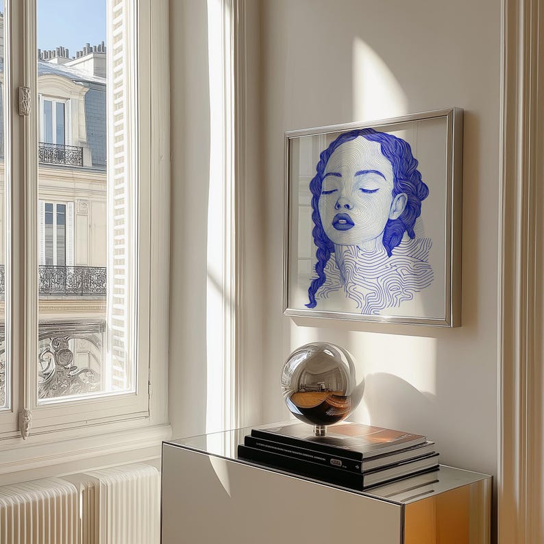 Blue Line Art Face Print | Modern Minimal Wall Art | Abstract Girl ...
