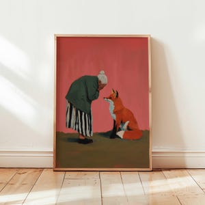 Arte de pared de zorro y mujer con estampado animal caprichoso, obra de arte surrealista moderna, arte maximalista, estampado animal moderno, impresión artística de zorro caprichoso