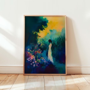 Peacock Garden | Dark Colorful Acrylic Painting of Woman Gazing at Peacock | Elegant Nighttime Nature Art | Modern Abstract Garden Wall Art