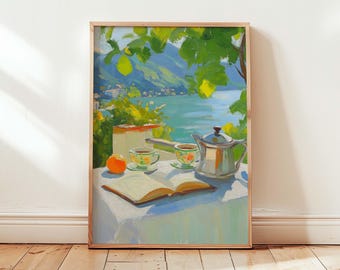 May include: A painting of a still life with a teapot, two teacups, a book, and an orange on a table. The background is a view of a lake and mountains.