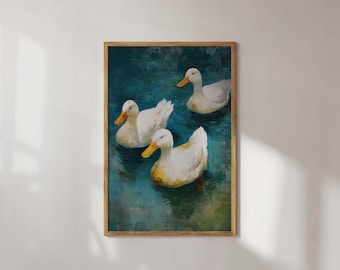 Farmhouse Duck Wall Art Print Whimsical Duck Wall Art Print White Ducks Painting Farmhouse Kitchen Decor Cottagecore Animal Art Rustic Art