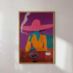 May include: A painting of a person wearing a pink hat and a yellow jacket, sitting at a table with a cup of coffee and a plate of pastries. The background is a purple wall.