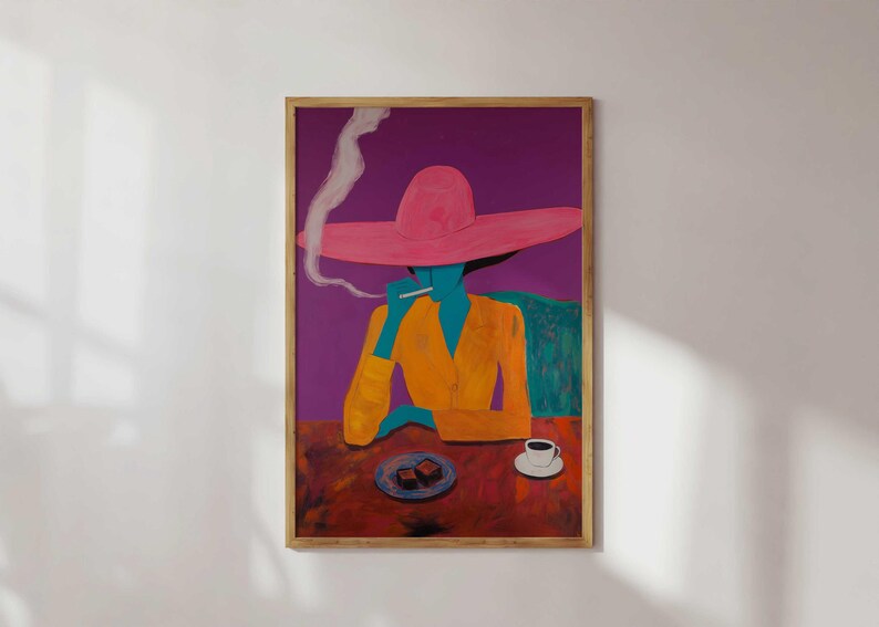 May include: A painting of a person wearing a pink hat and a yellow jacket, sitting at a table with a cup of coffee and a plate of pastries. The background is a purple wall.