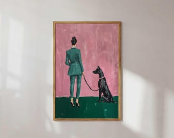 Woman and Dog Art Print: Modern Pink Green Home Decor