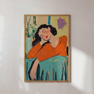 Impresión de arte de pared con estética retro, póster de chica durmiendo inspirado en los años 70, decoración femenina colorida, arte acogedor para el dormitorio con ambiente vintage.