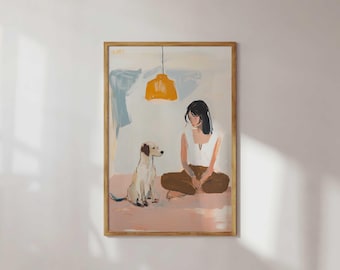 Woman Dog Wall Art Whimsical Pet Lover Print Cozy Minimalist Home Decor Modern Animal Illustration Modern Pet Portrait Maximalist Dog Decor