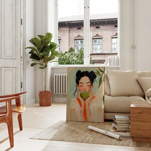 Arte de pared con una chica que bebe matcha, impresión de matcha latte, póster para amantes del matcha, cafetería japonesa, decoración de carrito de bar, arte de pared de cocina, arte de bebida retro imagen 3
