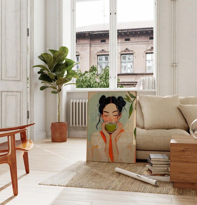 Arte de pared con una chica que bebe matcha, impresión de matcha latte, póster para amantes del matcha, cafetería japonesa, decoración de carrito de bar, arte de pared de cocina, arte de bebida retro imagen 3
