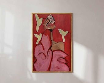 Red Wall Art Woman with Birds, Whimsical Female Portrait Print, Hummingbird Painting, Eclectic Feminine Decor, Folk Art Poster