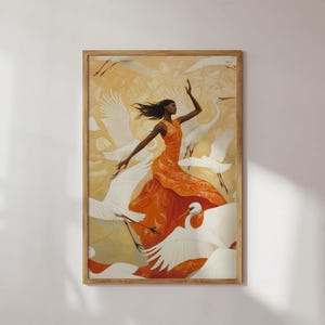 Arte mural ecléctico para amantes de las aves. Póster de grullas surrealistas. Arte mural de mujer y pájaro. Decoración de pared surrealista colorida y moderna con pájaros.
