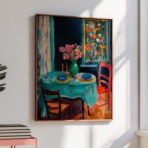 Impressão de pintura de natureza morta inspirada em Matisse, arte de mesa floral colorida, decoração impressionista para casa.