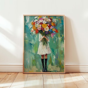Girl with Flowers Wall Art Colorful Floral Bouquet Art Print Modern Impressionist Wall Art Romantic Nature Decor Feminine Aesthetic Print