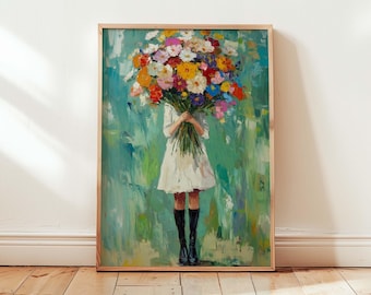Girl with Flowers Wall Art Colorful Floral Bouquet Art Print Modern Impressionist Wall Art Romantic Nature Decor Feminine Aesthetic Print