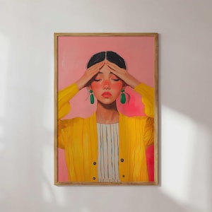 Buntes Mädchen Art Print | Mutiges emotionales Porträt | Moderne Wandkunst mit Pink & Gelb Vibes | Preppy Poster | Maximalistisches Dekor