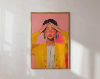 Colorful Girl Art Print | Bold Emotional Portrait | Modern Wall Art with Pink & Yellow Vibes | Preppy Poster | Maximalist Decor