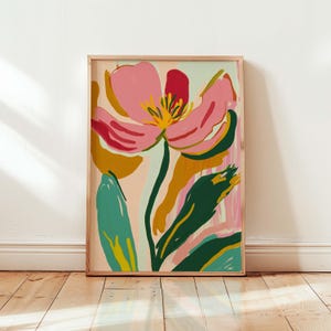 Rosa Blumen Print | Bunte abstrakte Wandkunst | Funky Blumen Poster | Trendiger botanischer Druck | Maximalist Raum Dekor | Moderne Kunst