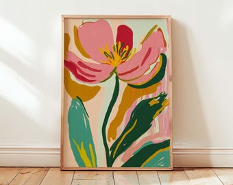Rosa Blumen Print | Bunte abstrakte Wandkunst | Funky Blumen Poster | Trendiger botanischer Druck | Maximalist Raum Dekor | Moderne Kunst