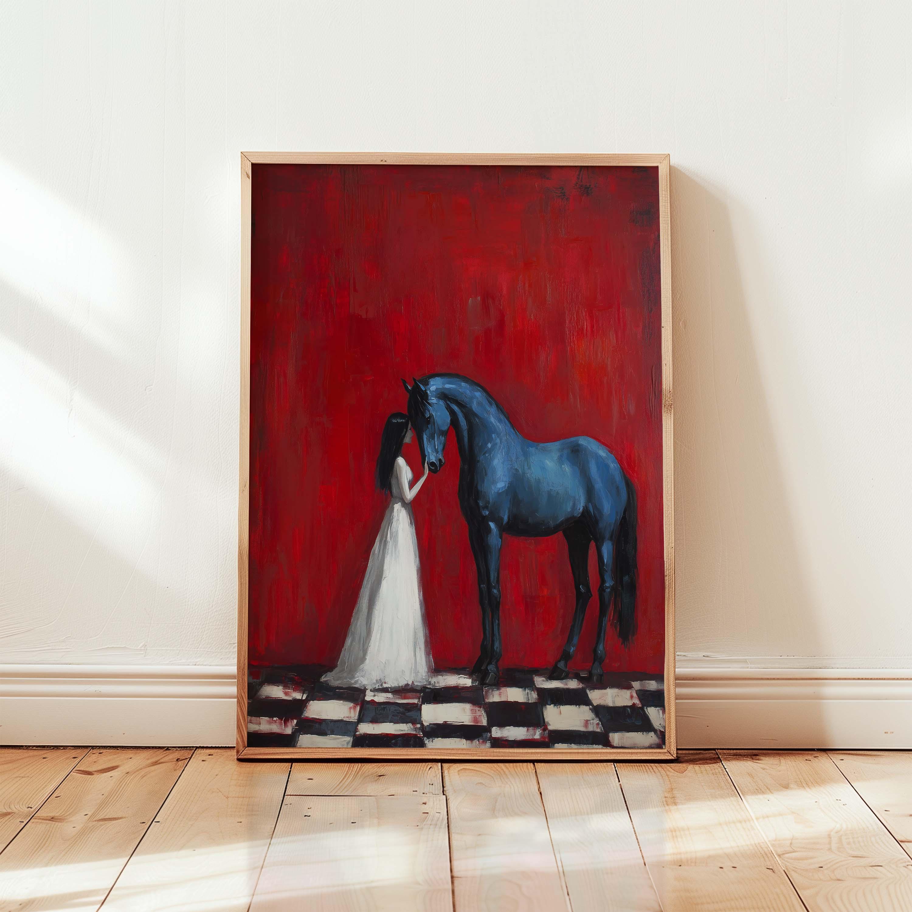 Blue Horse and Girl Art Print | Surreal Modern Wall Art | Bold Red ...