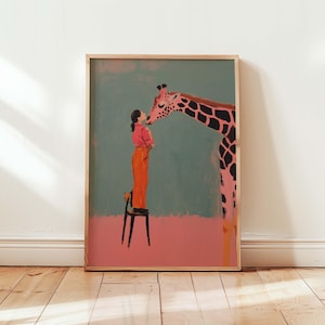 Giraffe and Girl Wall Art | Whimsical Animal Print | Modern Eclectic Home Decor | Bold Color Fashion Poster | Playful Art for Living Room