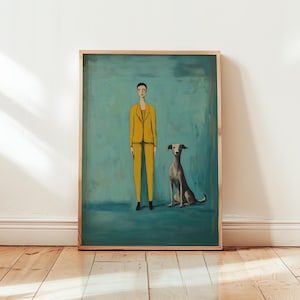 Woman and Greyhound Dog Print Whimsical Teal Wall Art Minimalist Pet Portrait Stylish Animal Lover Decor Modern Figurative Poster Dog Art