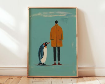 Penguin Art Print Whimsical Minimalist Wall Art Man Penguin Poster Surreal Animal Artwork Nordic Style Home Decor Quirky Modern Art Print