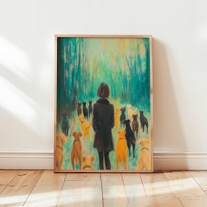 May include: A painting of a woman walking through a forest with a pack of dogs. The woman is wearing a black coat and the dogs are a mix of black and brown.
