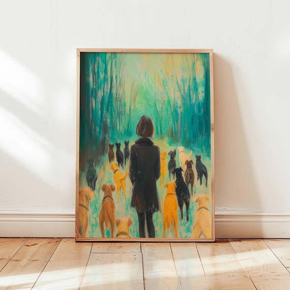 Colorful Modern Art  | Colorful Dog Art Print | Woman Walking Dogs Painting | Pet Lover Wall Art | Vibrant Animal Decor | Dog Lover Gift
