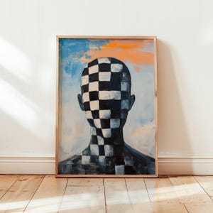 Psychedelische abstracte kunstafdruk | Surrealistisch geruit schminken | Moderne muurkunst | Trippy decoratie optische illusie | Hedendaags portret