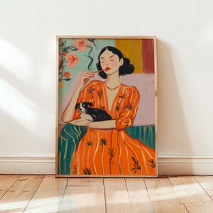 Arte retro de mujer fumando, decoración de pared femenina vintage, póster retro atrevido, decoración de pared moderna, decoración artística ecléctica, póster vibrante de arte feminista retro