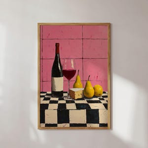 Wine and Cheese Still Life | Modern Food Painting | Vibrant Colorful Art | Restaurant Decor | Henri Matisse Inspired Maximalist Wall Art