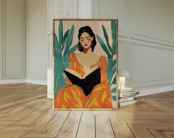 Arte de mujer leyendo, amante de los libros, arte de pared, impresión abstracta de personas, decoración de rincón de lectura, arte literario acogedor, impresiones eclécticas femeninas, arte bohemio moderno