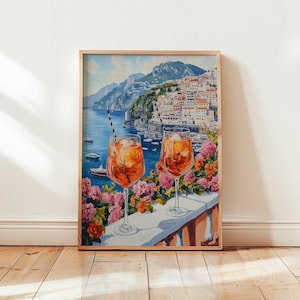 Wydruk artystyczny na wybrzeżu Amalfi Riwiera włoska Sztuka ścienna Aperol Spritz Wydruk nadmorski Wystrój podróżny Śródziemnomorski krajobraz Malarstwo Letnia estetyka