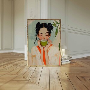 Arte de pared con una chica que bebe matcha, impresión de matcha latte, póster para amantes del matcha, cafetería japonesa, decoración de carrito de bar, arte de pared de cocina, arte de bebida retro imagen 4