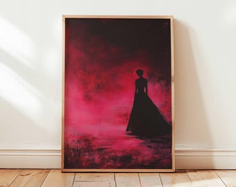 Op de afbeelding: Een ingelijst schilderij van een vrouw in een lange jurk die in een rode mist staat. De vrouw is een silhouet en de mist is felrood.